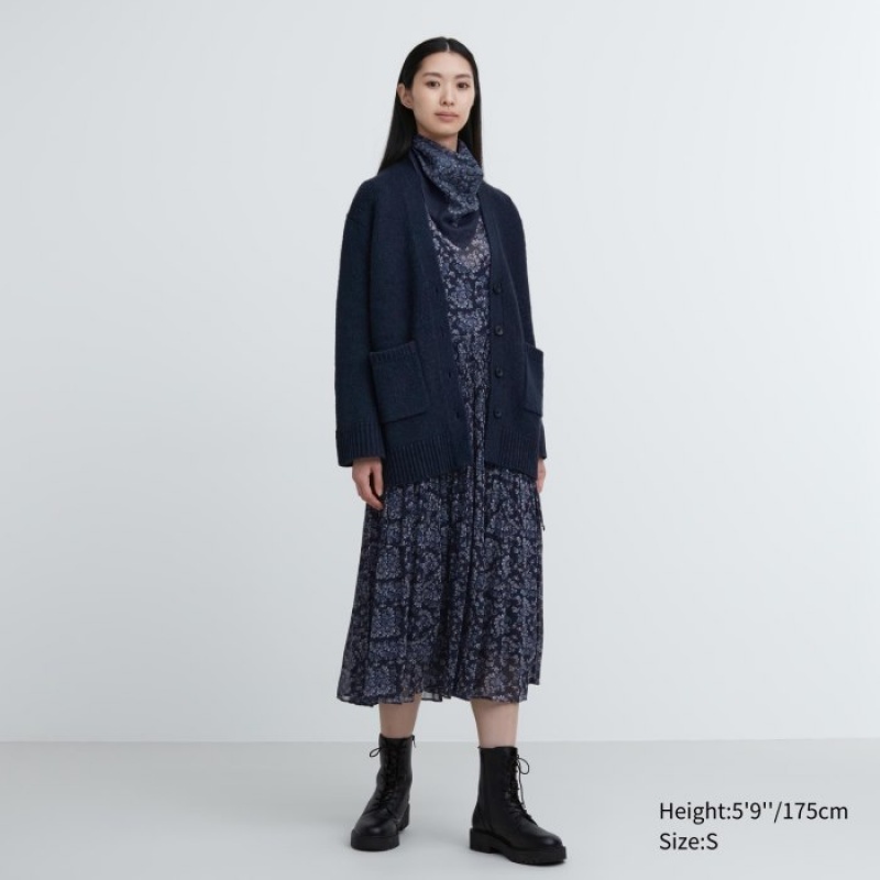 Uniqlo Soft Knit V-Neck Flare Long-Sleeve Cardigan Dames Donkerblauw | 6329552
