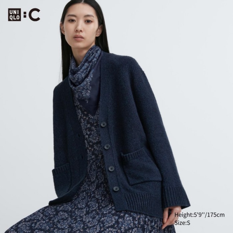 Uniqlo Soft Knit V-Neck Flare Long-Sleeve Cardigan Dames Donkerblauw | 6329552