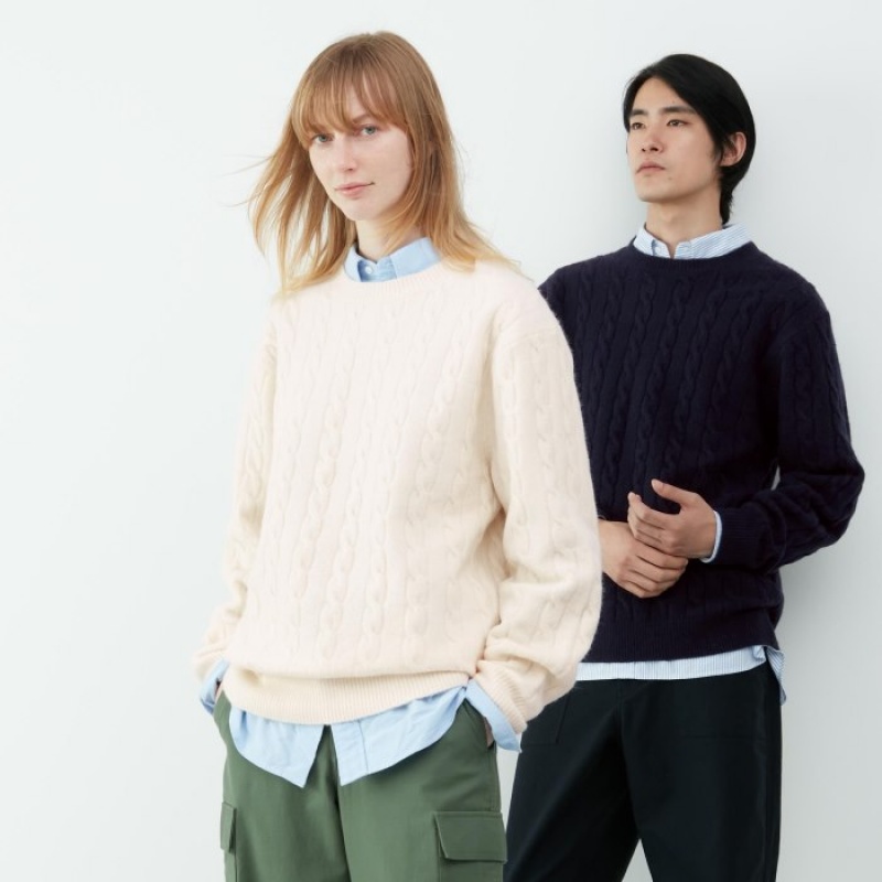 Uniqlo Souffle Yarn Cable Crew Neck Long-Sleeve Truien Dames Donkerblauw | 7788585