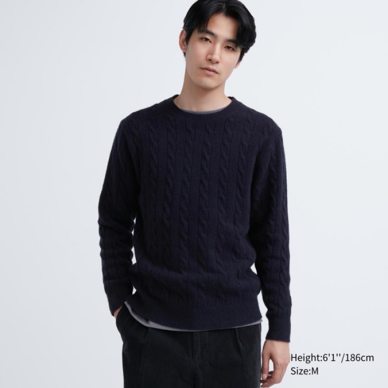Uniqlo Souffle Yarn Cable Crew Neck Long-Sleeve Truien Dames Donkerblauw | 7788585