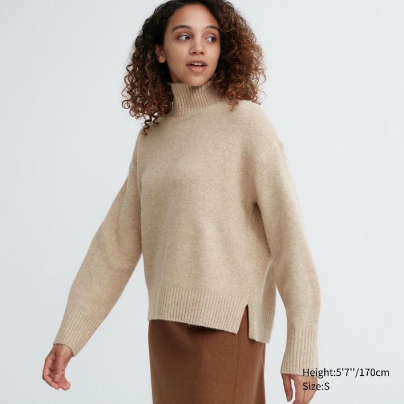 Uniqlo Souffle Yarn High Neck Long-Sleeve Truien Dames Beige | 1101410