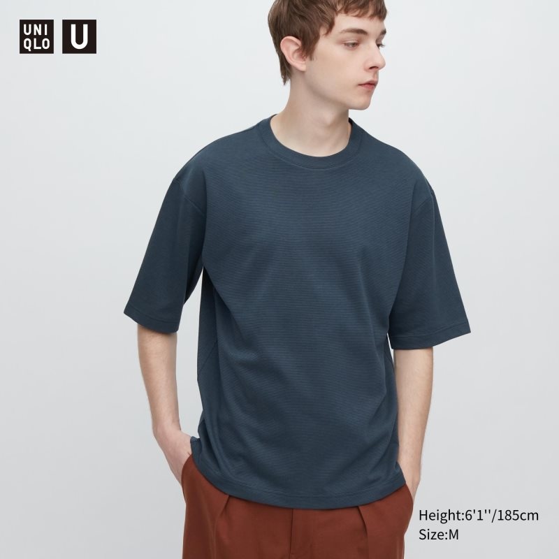 Uniqlo U Airism Cotton Striped Crew Neck Oversized T-shirts Heren Blauw | 689755