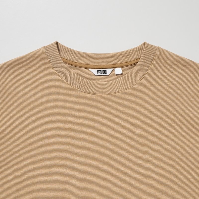 Uniqlo U Airism Cotton Striped Crew Neck Oversized T-shirts Heren Bruin | 7071921
