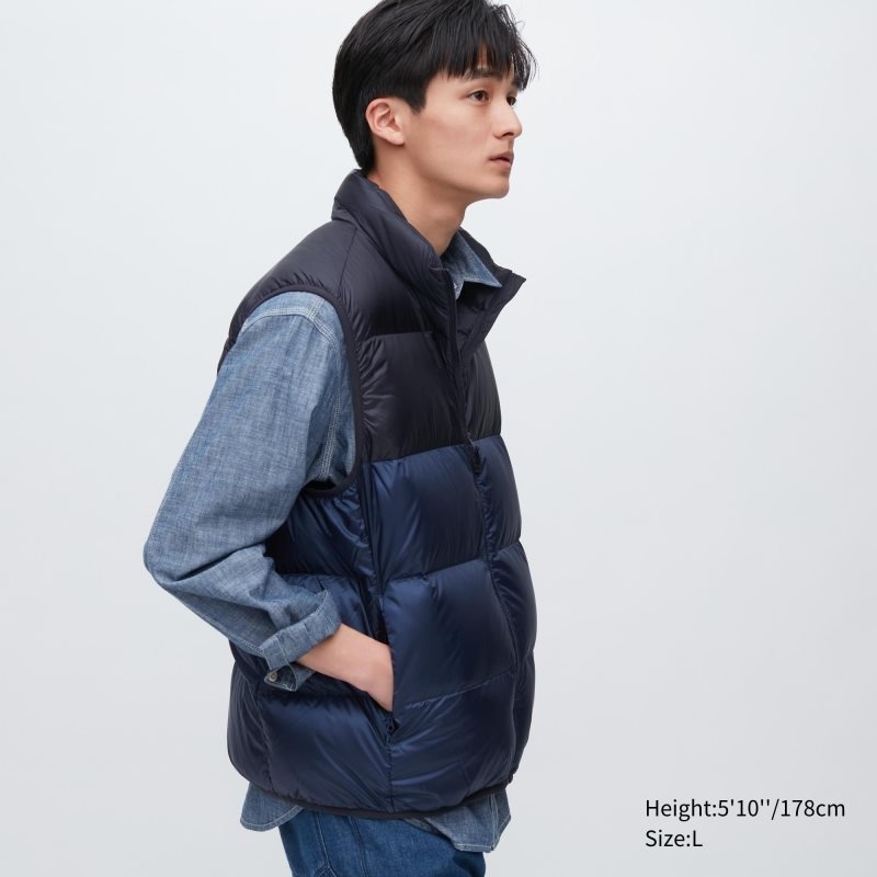 Uniqlo Ultra Light Down Wide Quilt Color Block Vest Heren Donkerblauw | 7750433