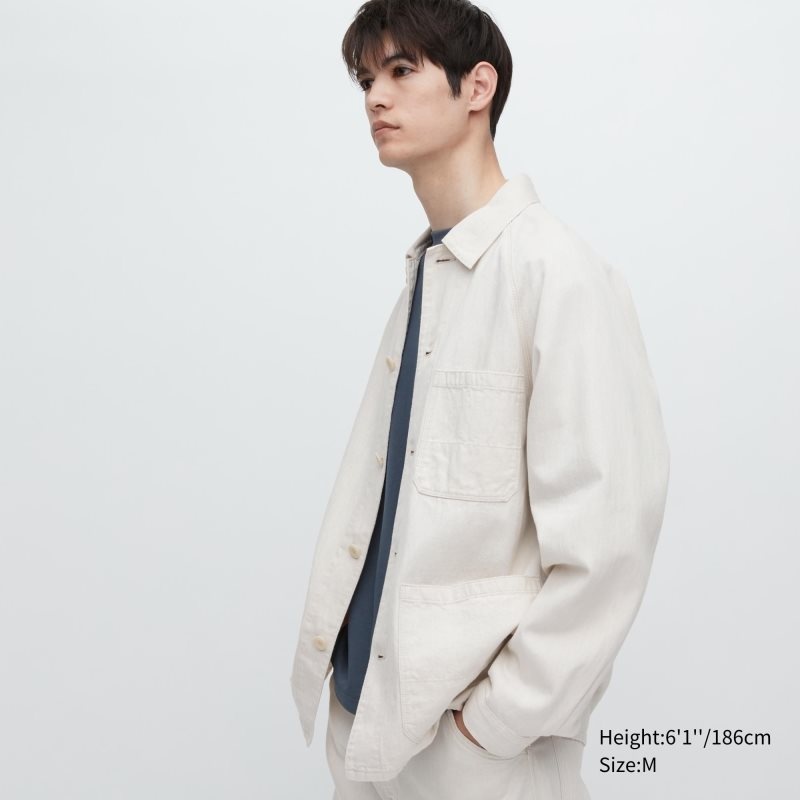 Uniqlo Utility Denim Cotton Linen Jassen Heren Wit | 7879904