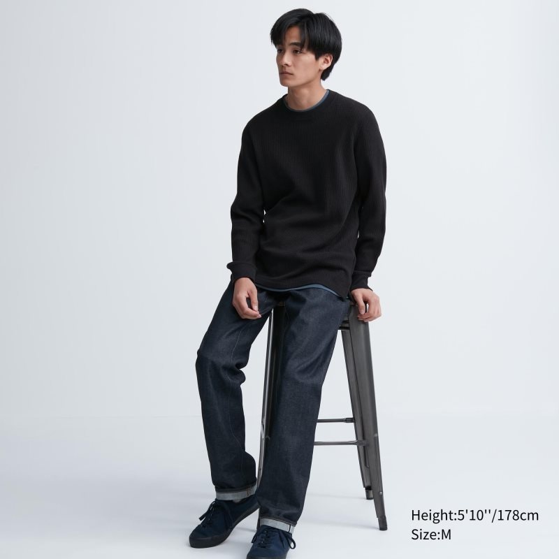 Uniqlo Waffle Crew Neck Long-Sleeve T-shirts Heren Zwart | 2537342