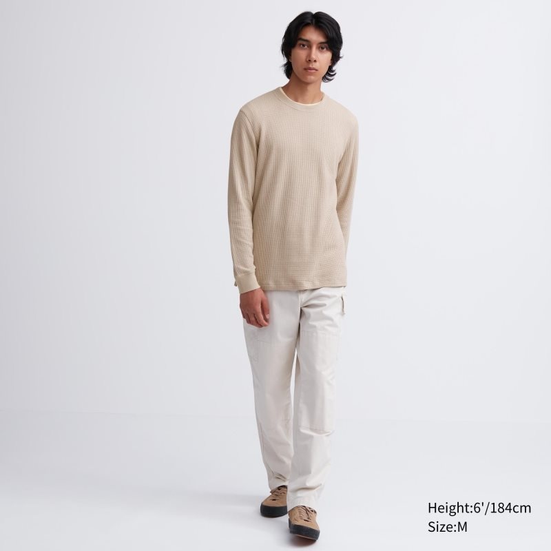Uniqlo Waffle Crew Neck Long-Sleeve T-shirts Heren Geel | 1113441