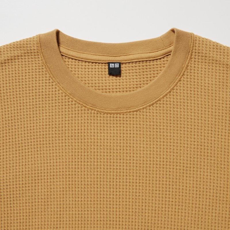 Uniqlo Waffle Crew Neck Long-Sleeve T-shirts Heren Geel | 1113441