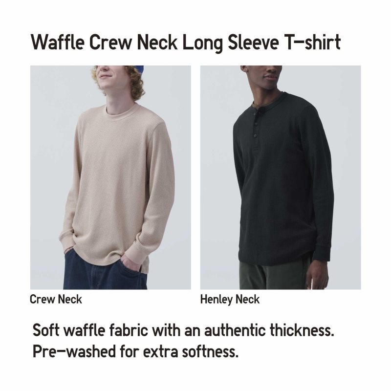 Uniqlo Waffle Crew Neck Long-Sleeve T-shirts Heren Geel | 1113441