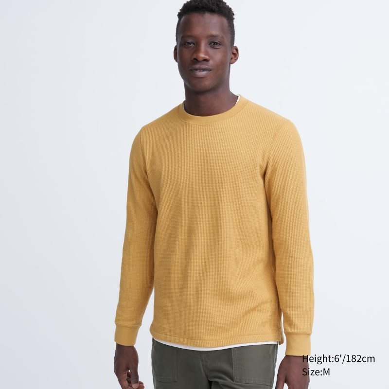 Uniqlo Waffle Crew Neck Long-Sleeve T-shirts Heren Geel | 1113441