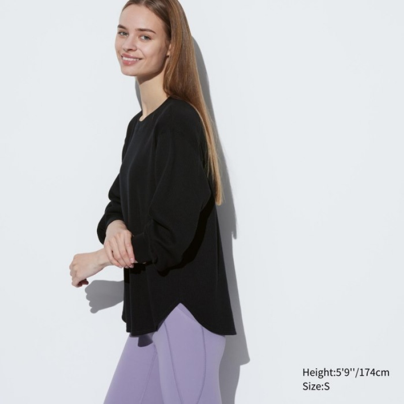 Uniqlo Waffle Crew Neck Long-Sleeve T-shirts Dames Zwart | 1320265