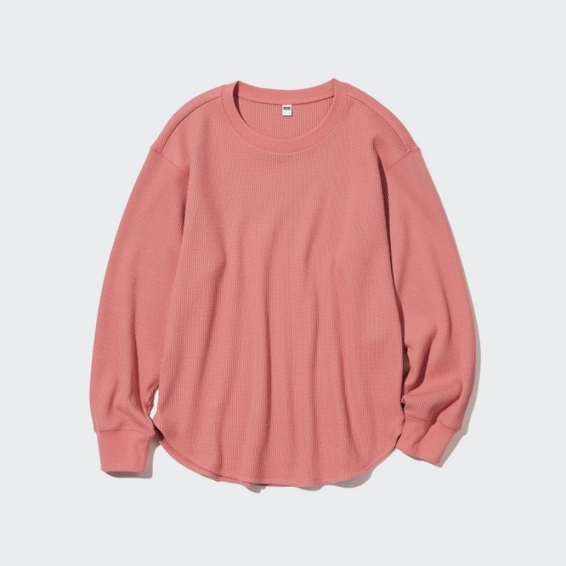 Uniqlo Waffle Crew Neck Long-Sleeve T-shirts Dames Roze | 5557108