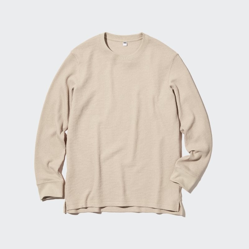 Uniqlo Waffle Crew Neck Long-Sleeve T-shirts Heren Beige | 9085720