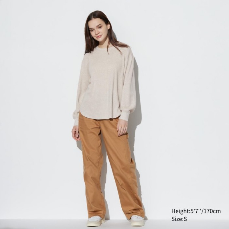 Uniqlo Waffle Crew Neck Long-Sleeve T-shirts Dames Beige | 4276750