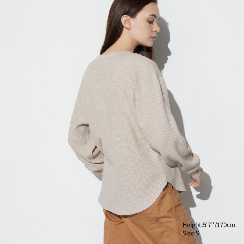 Uniqlo Waffle Crew Neck Long-Sleeve T-shirts Dames Beige | 4276750