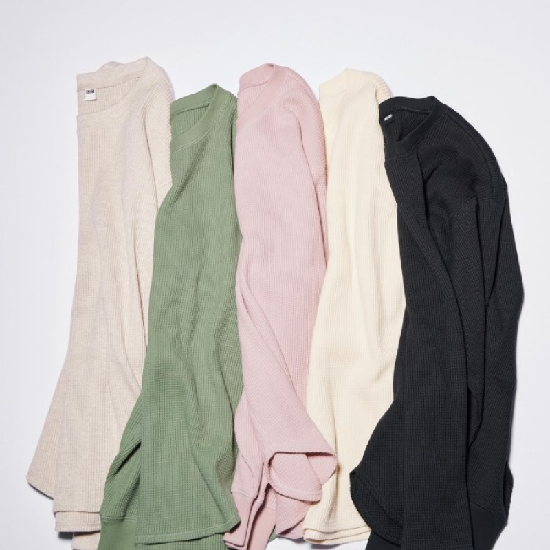Uniqlo Waffle Crew Neck Long-Sleeve T-shirts Dames Beige | 4276750
