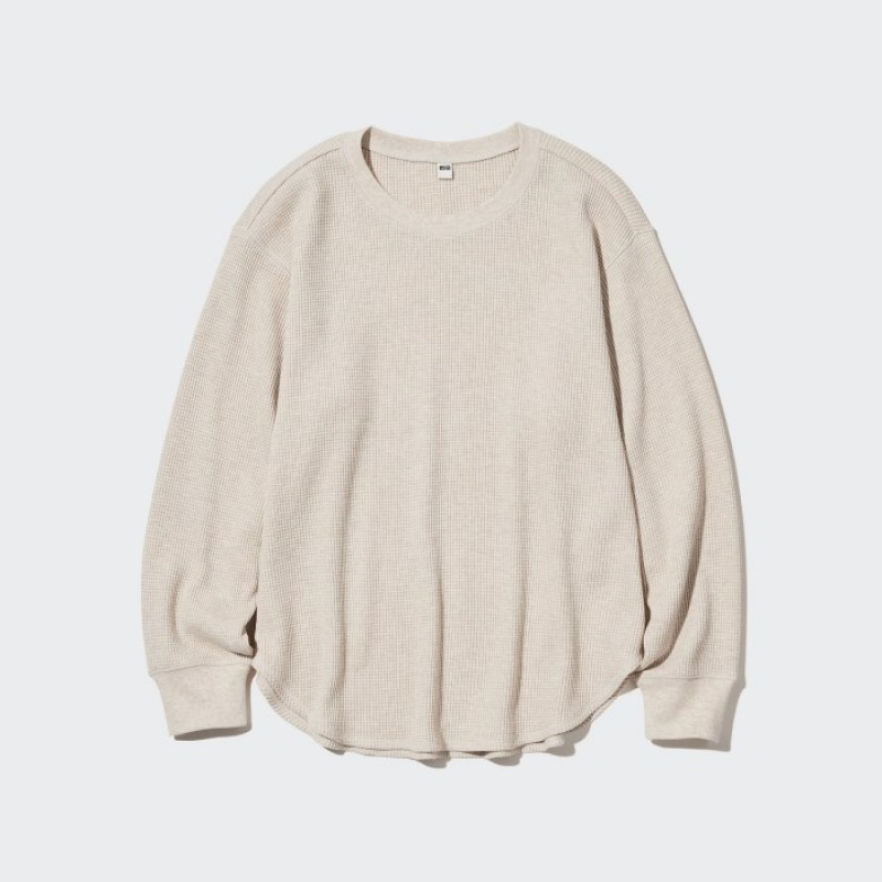 Uniqlo Waffle Crew Neck Long-Sleeve T-shirts Dames Beige | 4276750