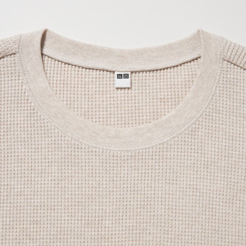 Uniqlo Waffle Crew Neck Long-Sleeve T-shirts Dames Beige | 4276750
