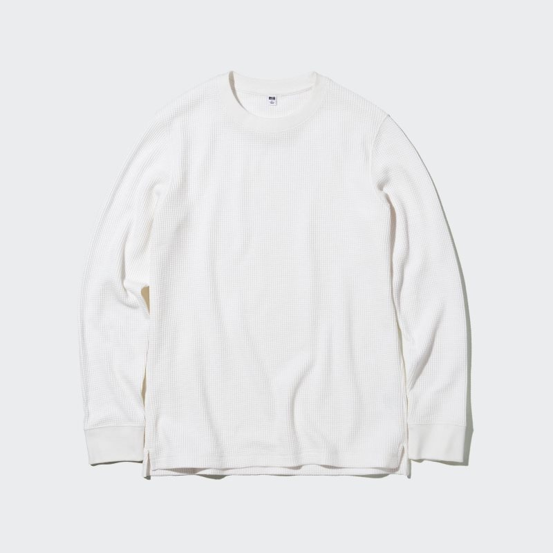 Uniqlo Waffle Crew Neck Long-Sleeve T-shirts Heren Wit | 1522797