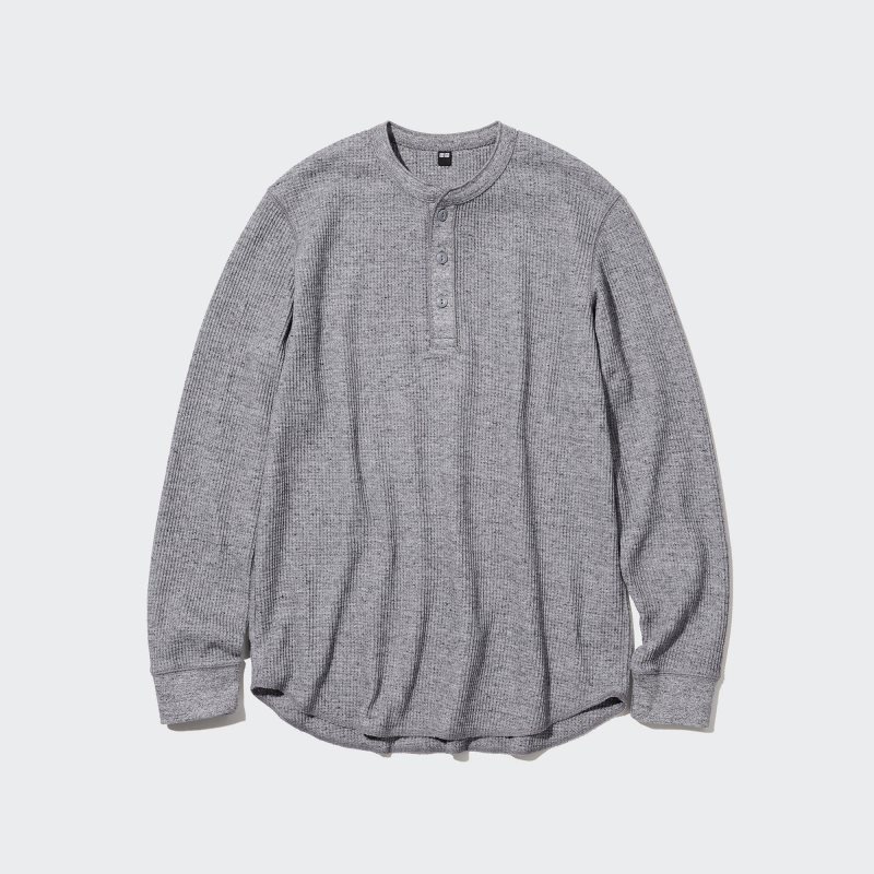 Uniqlo Waffle Henley Neck Long-sleeve T-shirts Heren Grijs | 1089129