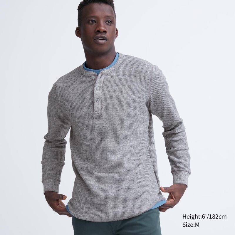 Uniqlo Waffle Henley Neck Long-sleeve T-shirts Heren Grijs | 1089129