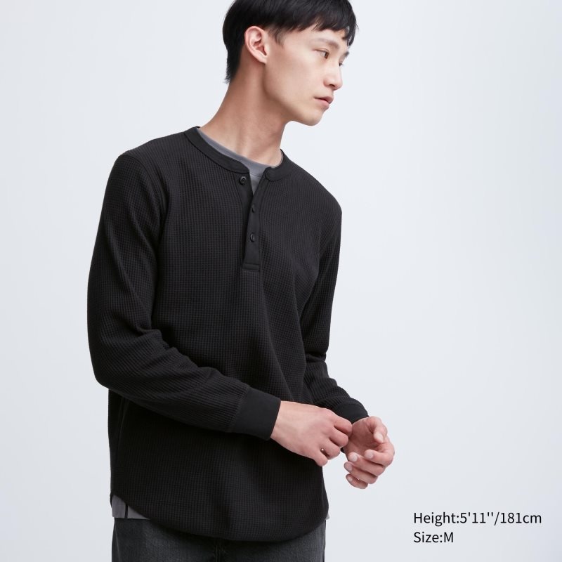 Uniqlo Waffle Henley Neck Long-sleeve T-shirts Heren Zwart | 796219