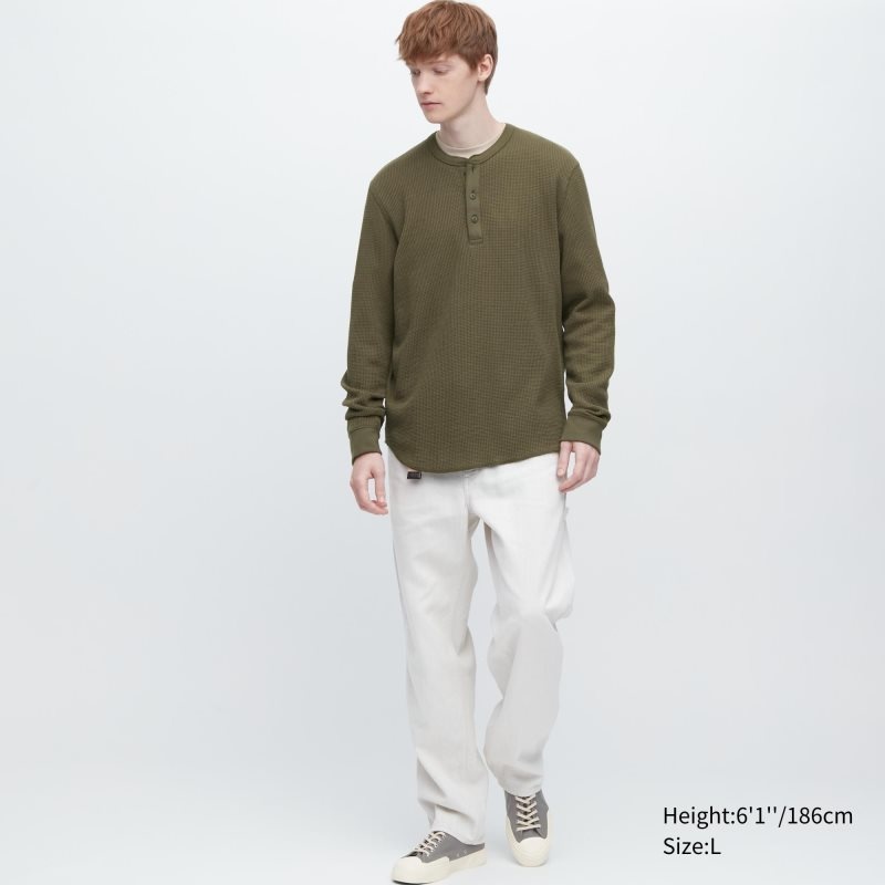Uniqlo Waffle Long-sleeve Henley T-shirts Heren Groen | 4960231