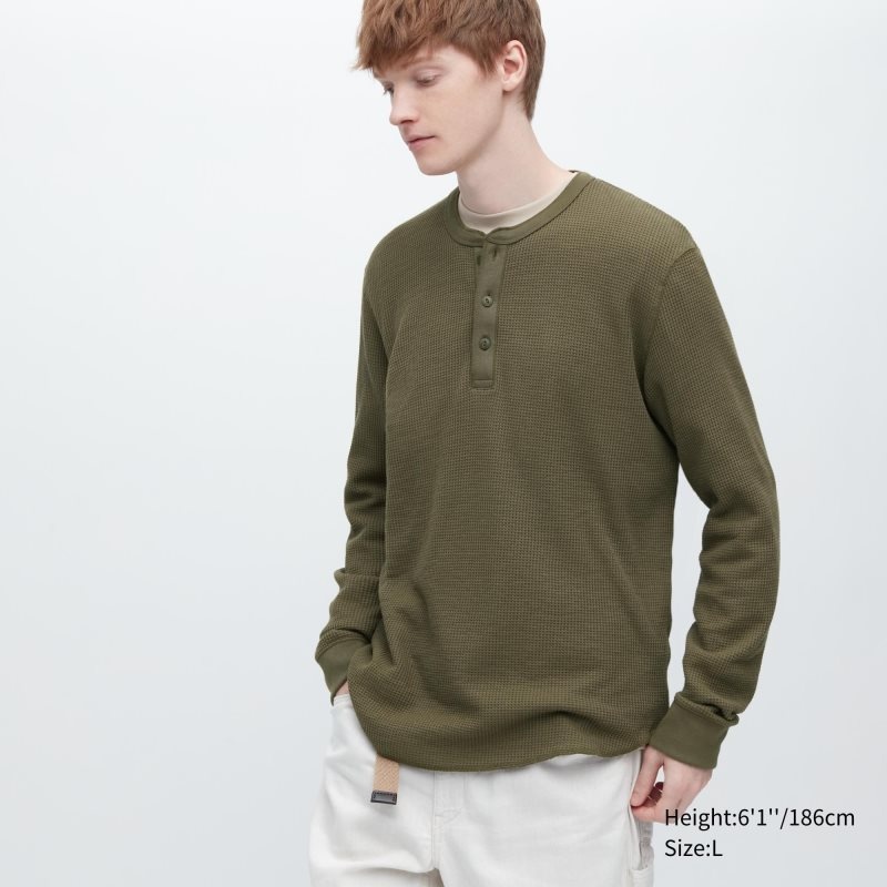 Uniqlo Waffle Long-sleeve Henley T-shirts Heren Groen | 4960231