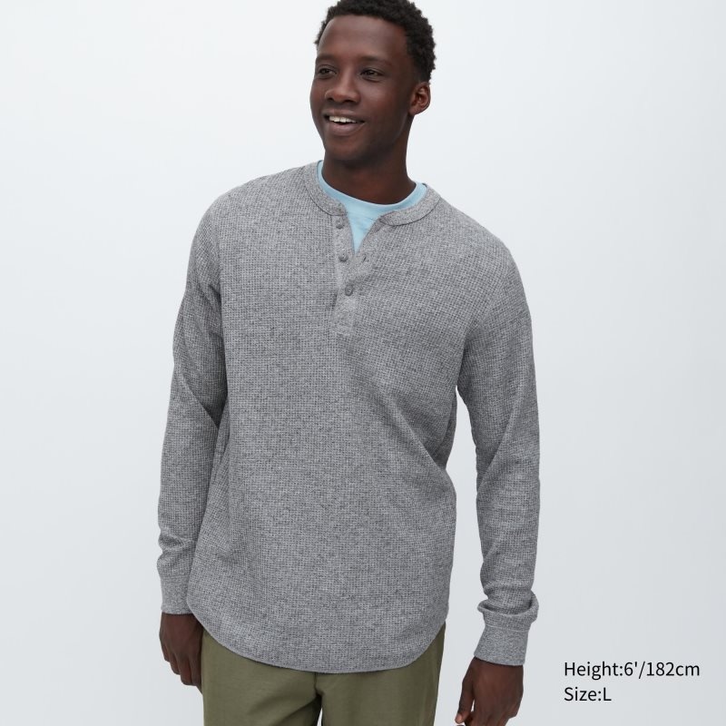 Uniqlo Waffle Long-sleeve Henley T-shirts Heren Grijs | 8063849