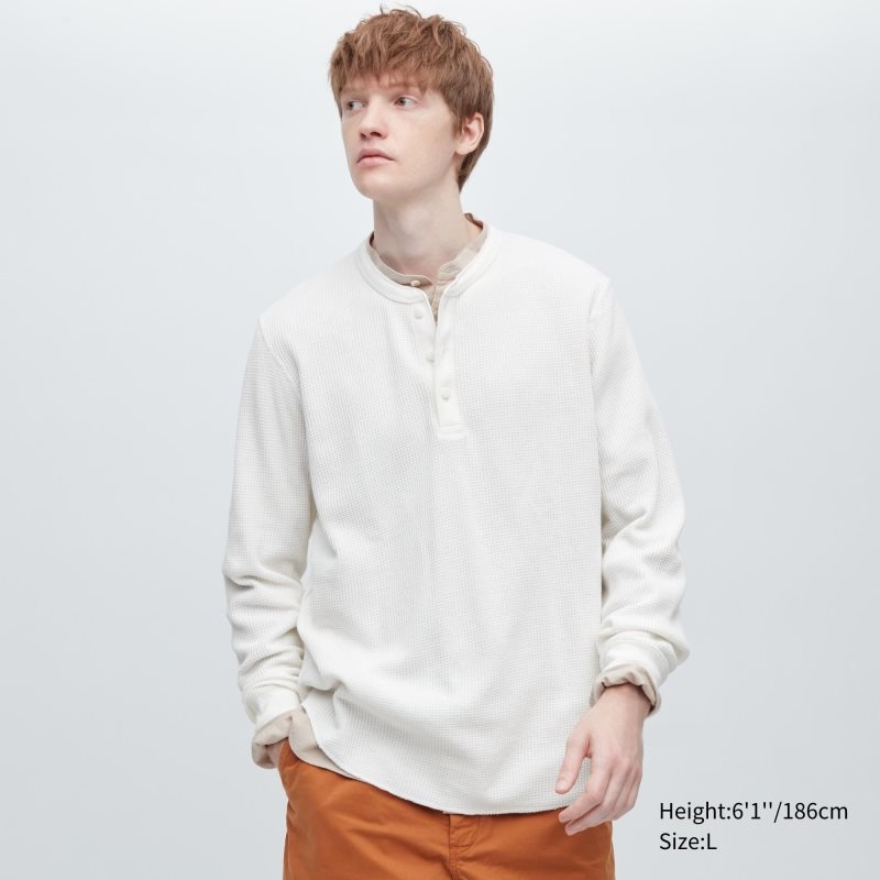 Uniqlo Waffle Long-sleeve Henley T-shirts Heren Wit | 7037596