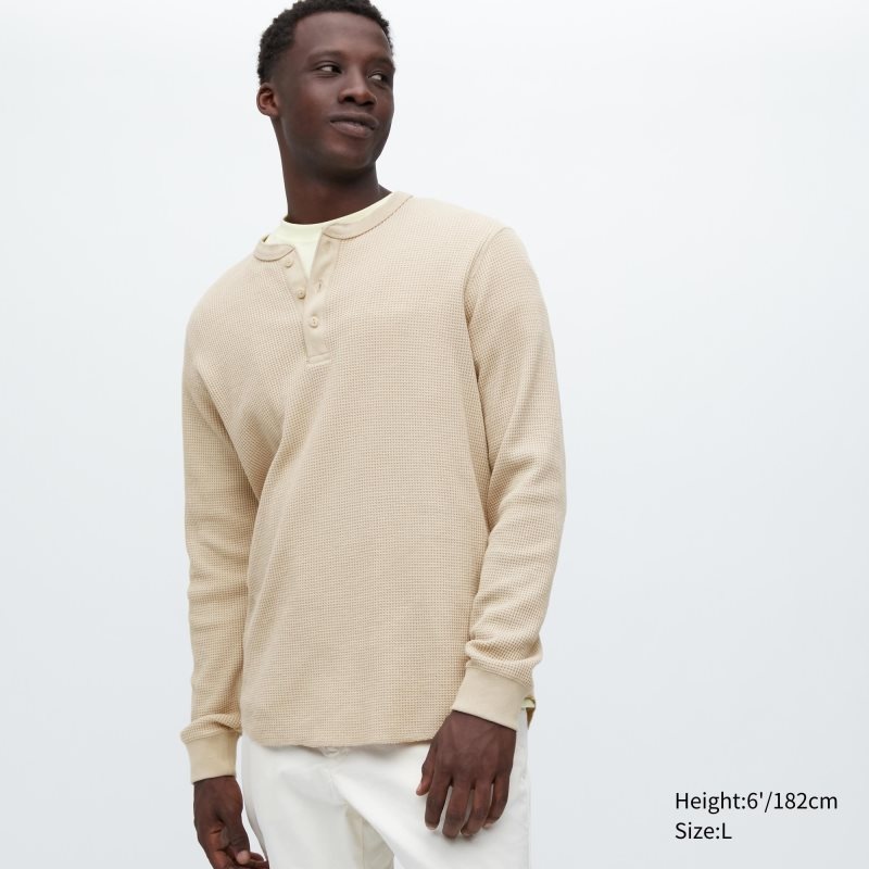 Uniqlo Waffle Long-sleeve Henley T-shirts Heren Beige | 1052676