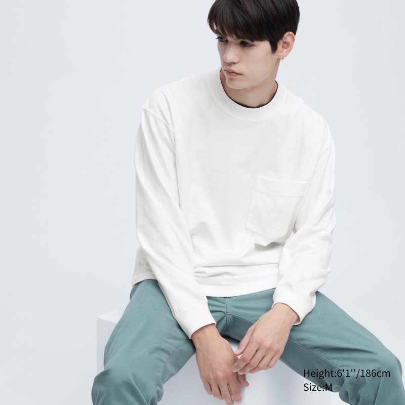 Uniqlo Washed Cotton Crew Neck Long-sleeve T-shirts Heren Wit | 6880369