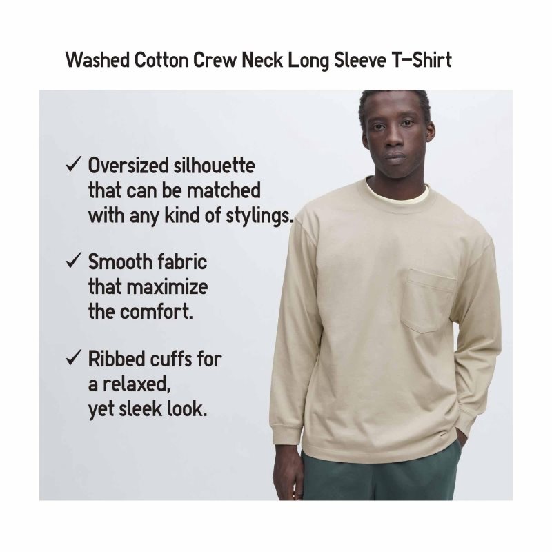 Uniqlo Washed Cotton Crew Neck Long-sleeve T-shirts Heren Zwart | 1382393