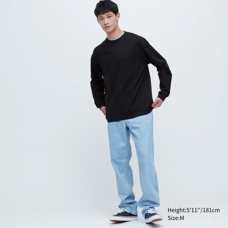 Uniqlo Washed Cotton Crew Neck Long-sleeve T-shirts Heren Zwart | 1382393
