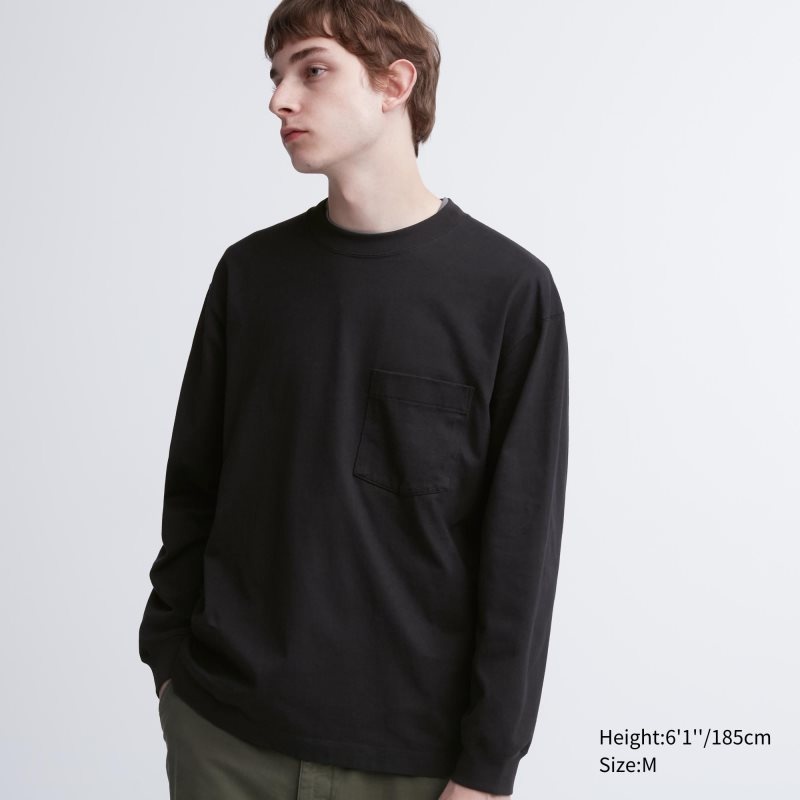 Uniqlo Washed Cotton Crew Neck Long-sleeve T-shirts Heren Zwart | 7436516