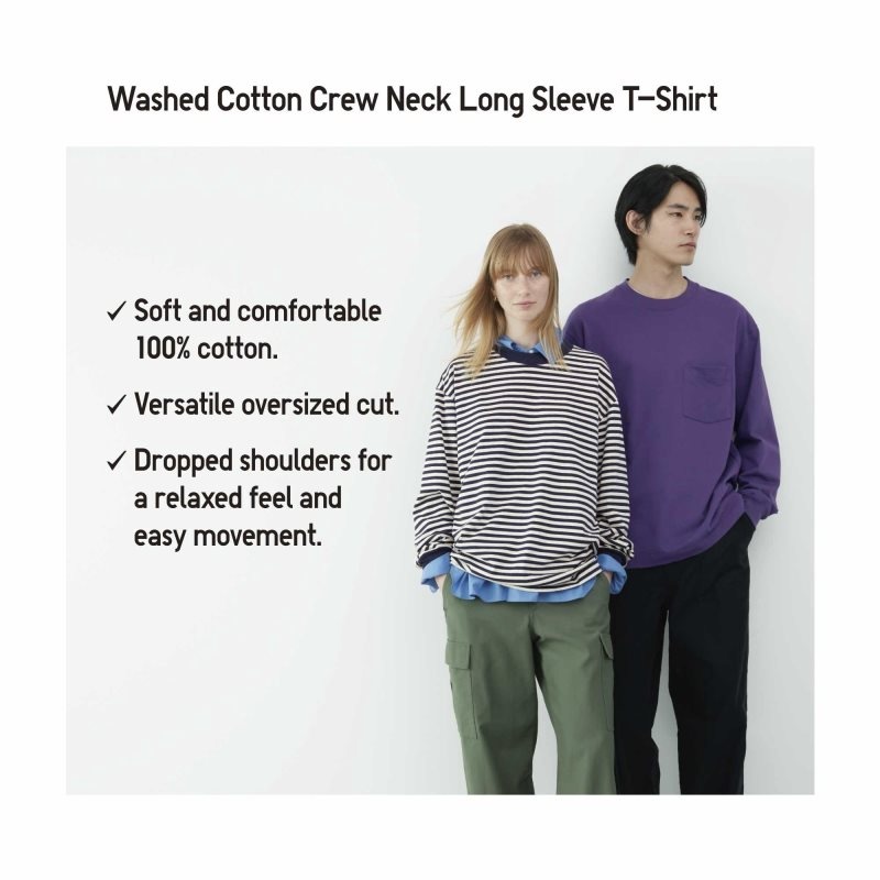 Uniqlo Washed Cotton Oversized Crew Neck Long-sleeve Striped T-shirts Heren Donkerblauw | 5184778