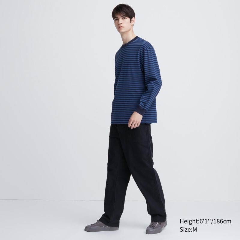 Uniqlo Washed Cotton Oversized Crew Neck Long-sleeve Striped T-shirts Heren Donkerblauw | 5184778
