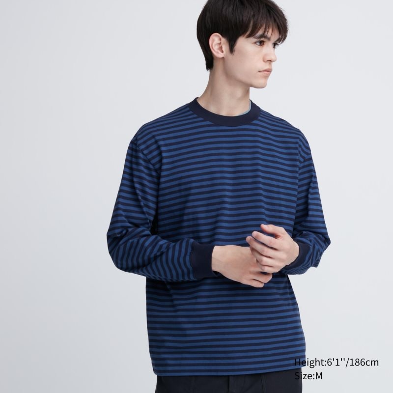 Uniqlo Washed Cotton Oversized Crew Neck Long-sleeve Striped T-shirts Heren Donkerblauw | 5184778