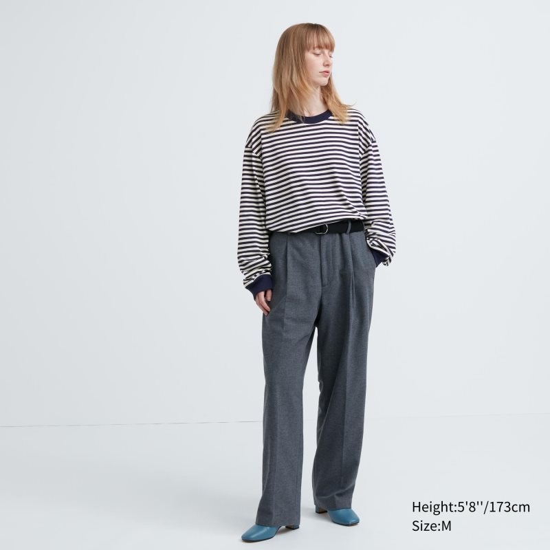 Uniqlo Washed Cotton Oversized Crew Neck Long-sleeve Striped T-shirts Heren Wit | 9992192