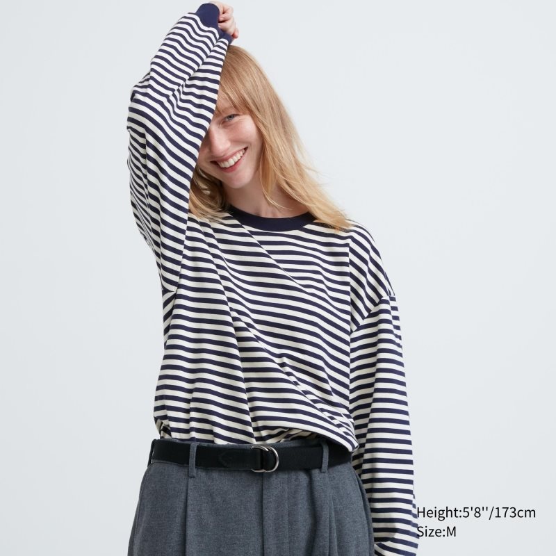 Uniqlo Washed Cotton Oversized Crew Neck Long-sleeve Striped T-shirts Heren Wit | 9992192