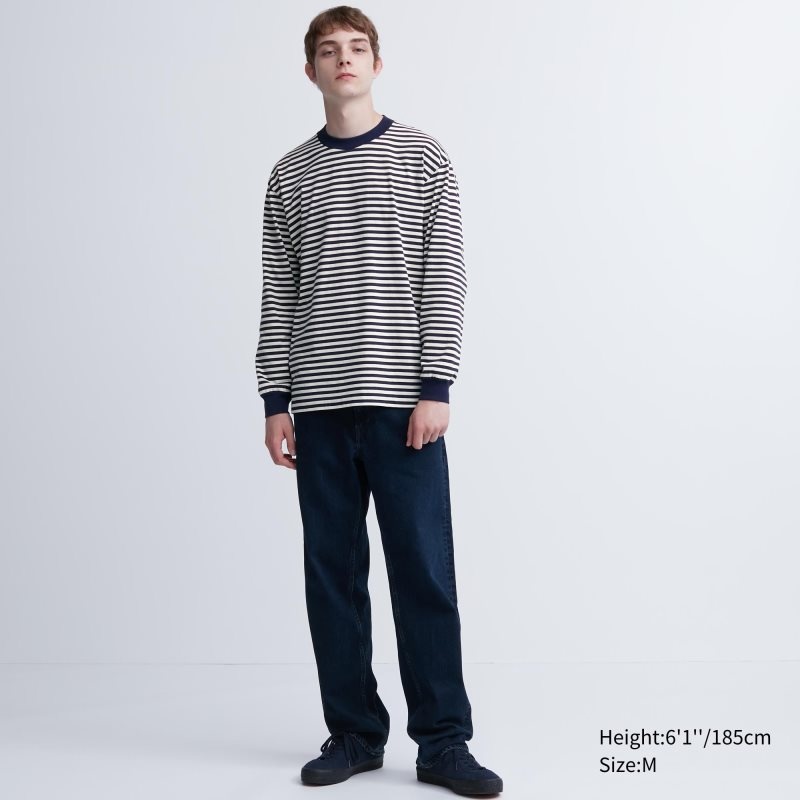 Uniqlo Washed Cotton Oversized Crew Neck Long-sleeve Striped T-shirts Heren Wit | 9992192