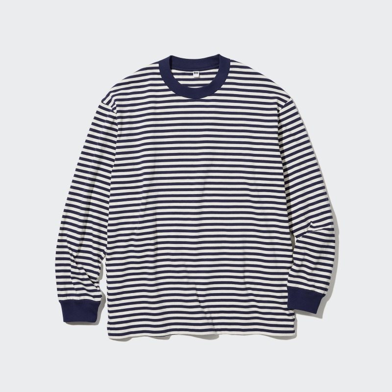 Uniqlo Washed Cotton Oversized Crew Neck Long-sleeve Striped T-shirts Heren Wit | 9992192