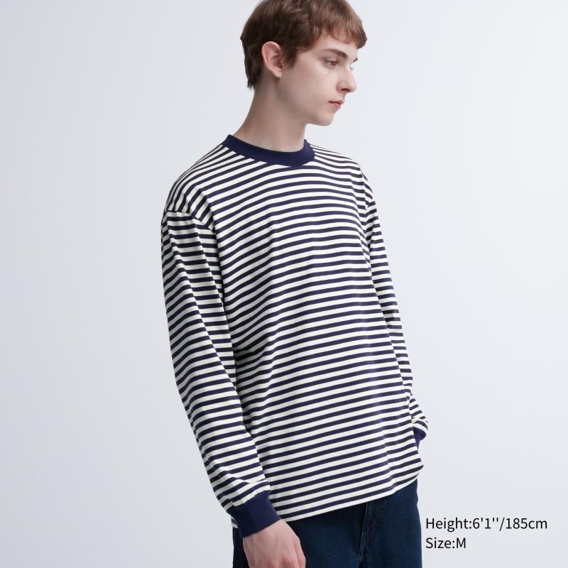 Uniqlo Washed Cotton Oversized Crew Neck Long-sleeve Striped T-shirts Heren Wit | 9992192
