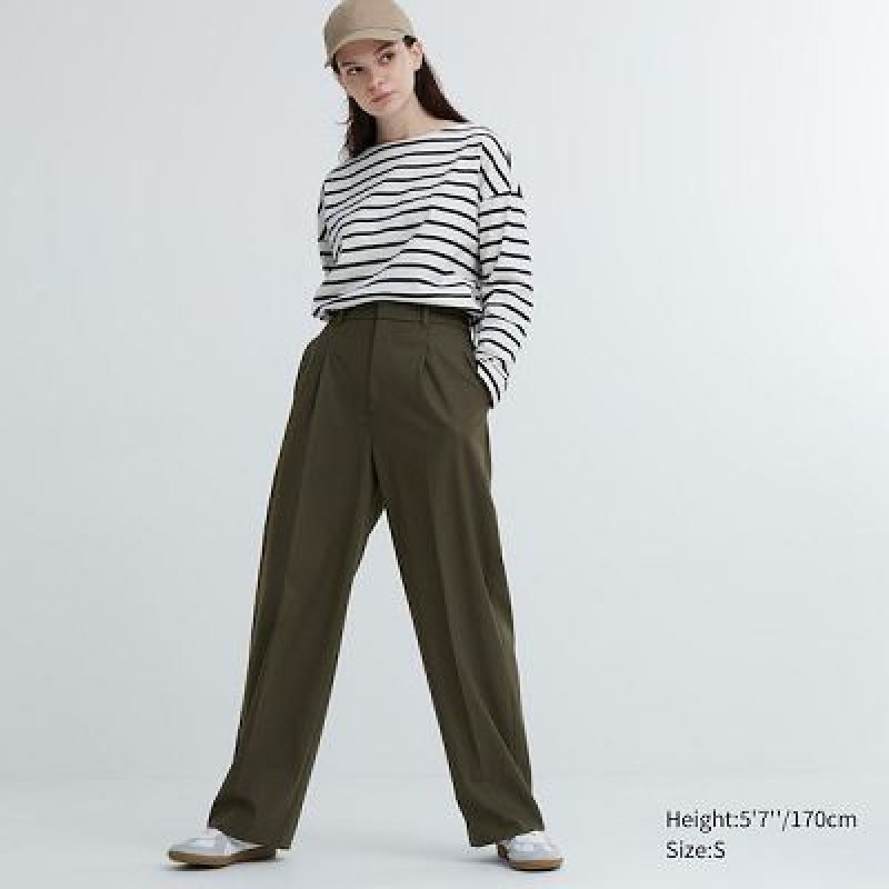 Uniqlo Wide-Fit Pleated Broek Dames Olijfgroen | 1005976