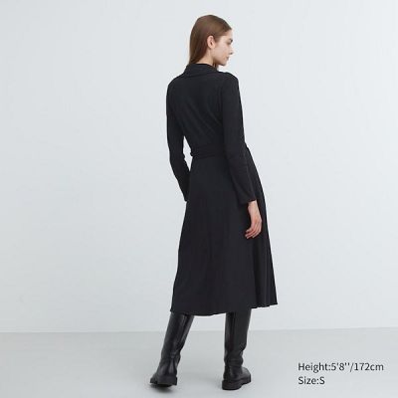Uniqlo Wrap Long-Sleeve Jurk Dames Zwart | 5947015