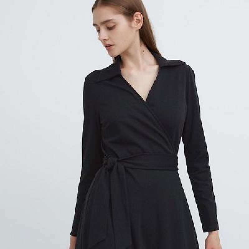 Uniqlo Wrap Long-Sleeve Jurk Dames Zwart | 5947015